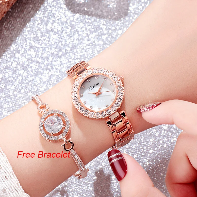 

Luxury Rose Gold Women Watches Fashion Casual Crystal Diamond Dress Wristwatch Steel Belt Quartz Watch Female Clock + Bracelet