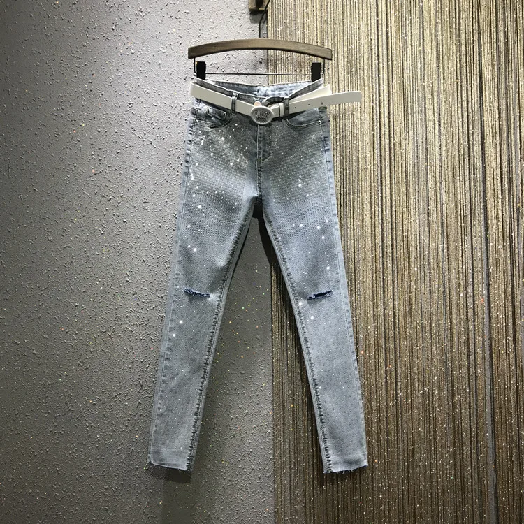 

2019 High Waist Hole Ripped Light Blue Jeans Spring and Summer New Drilling Skinny Ankle Length Denim Pencil Pants