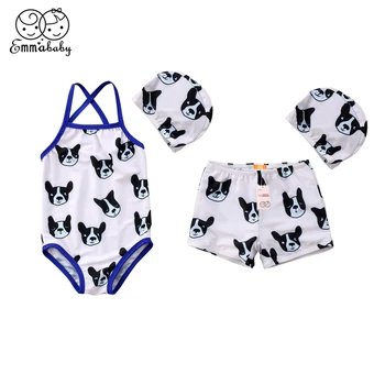 

Toddler Kids Baby Girl Boys Matching Swimsuit Lovely Sleeveless Swimwear Bulldog Print Swimming Swim Shorts Hat 2PCS Outfit 1-6Y