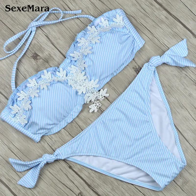 

2017 Sexy Bandeau Bikini Bather Women Swimsuit Push Up Swimwear Striped Brazilian Bikini Set Beach Bathing Suit Biquini