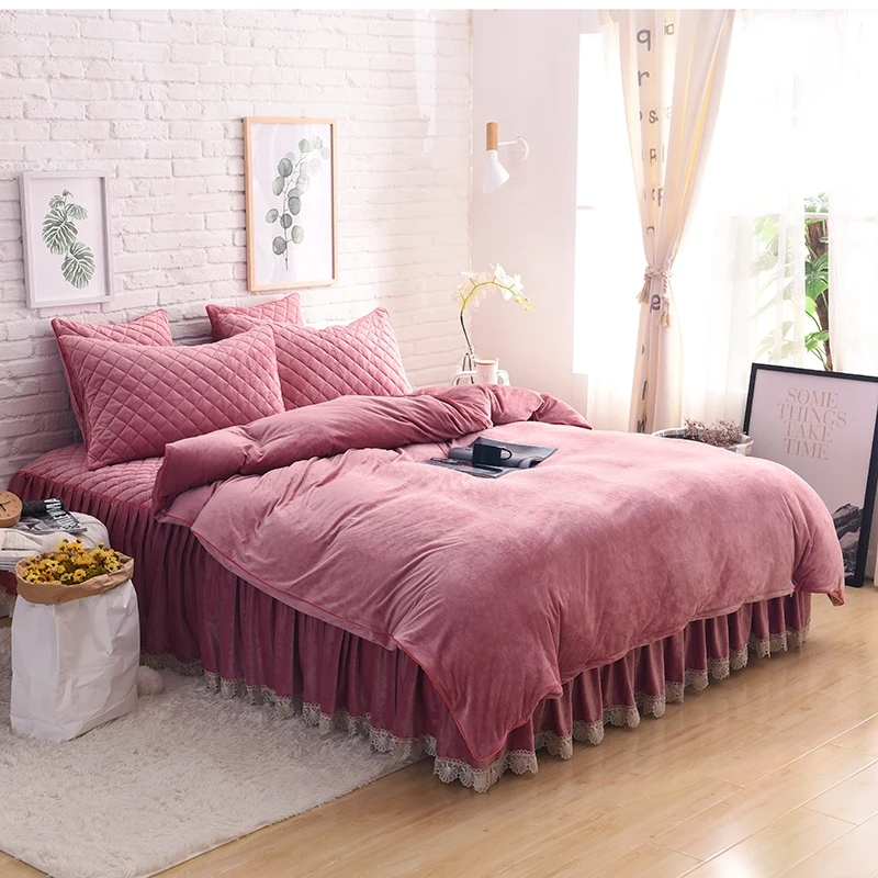 

Pale Mauve Purple Pink Gray Red Soft Fleece Fabric Bedding set Flannel Duvet Cover Thick Lace Bed Skirt Fitted Sheet Pillowcases