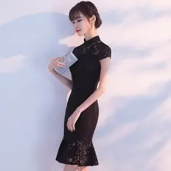 Черный кружево Cheongsam модные корейские для женщин Традиционный китайский свадебное платье пикантный китайский женский халат Мини Короткие