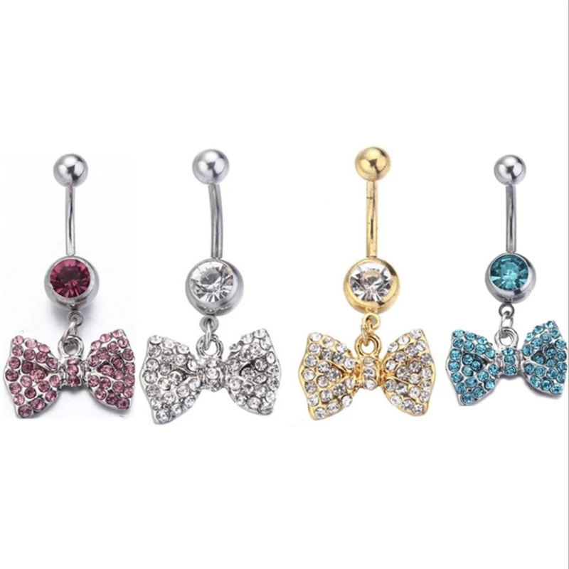 

New Cute Bow Dangle Navel Rings Stainless Steel Blue Pink Crystal Navel Bars Fashion Belly Button Ring Piercing Body Jewelry