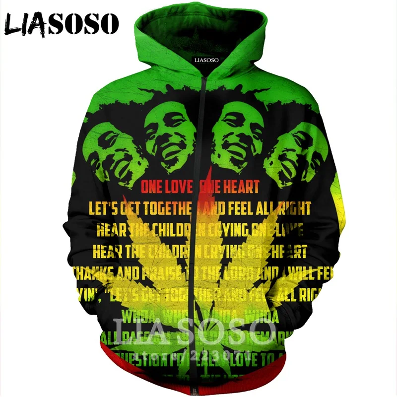 LIASOSO 2019 New Fashion Men Women 3D Print Singer Bob Marley Zipper Hoodie Unisex Casual Long Sleeve Coat Sweatshirt A188-04 | Мужская