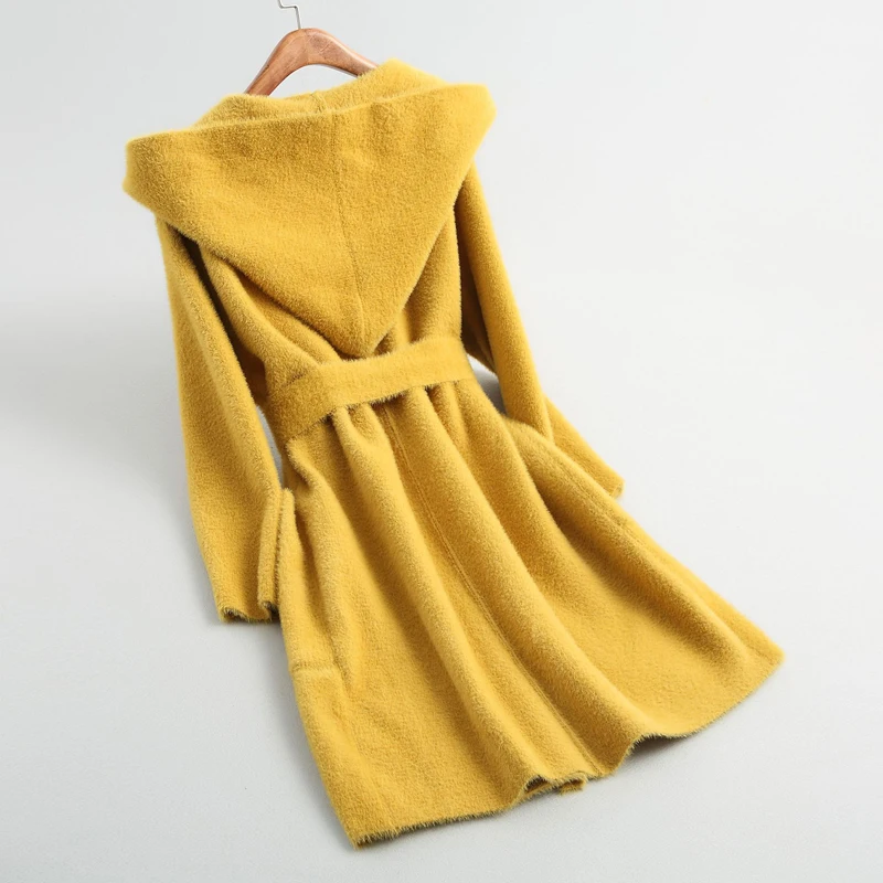 Корейское вязаное осенне-зимнее женское пальто, новинка, длинный тонкий теплый плащ с капюшоном, Повседневный Кардиган, ветровка, верхняя одежда