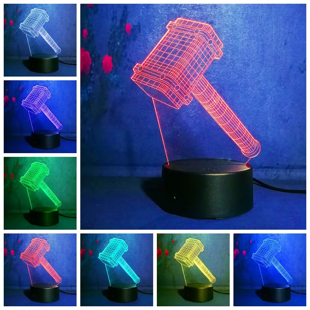 3D Marvel Super Hero Thor Hammer Night Light 7 Color Illusion Change