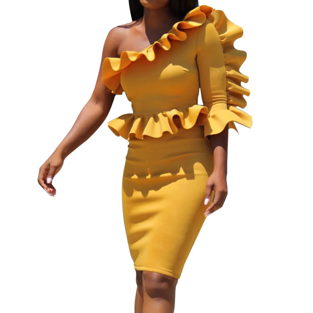 

2019 Spring New Style Women Plus Size Sexy Vintage Ruffled One-Shoulder Irregular Pencil Dress Evening Party Bodycon Vestidos
