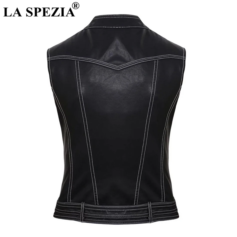 LA SPEZIA Black Vest Women Slim Fit Faux Leather Waistcoat Ladies Belt Street Motorcycle Zipper Female Autumn Sleeveless Jackets