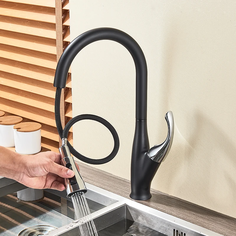 quyanre wanfan gappo black chrome kitchen faucet with pull out spray kitchen sink tap single handle mixer tap 360 rotation1