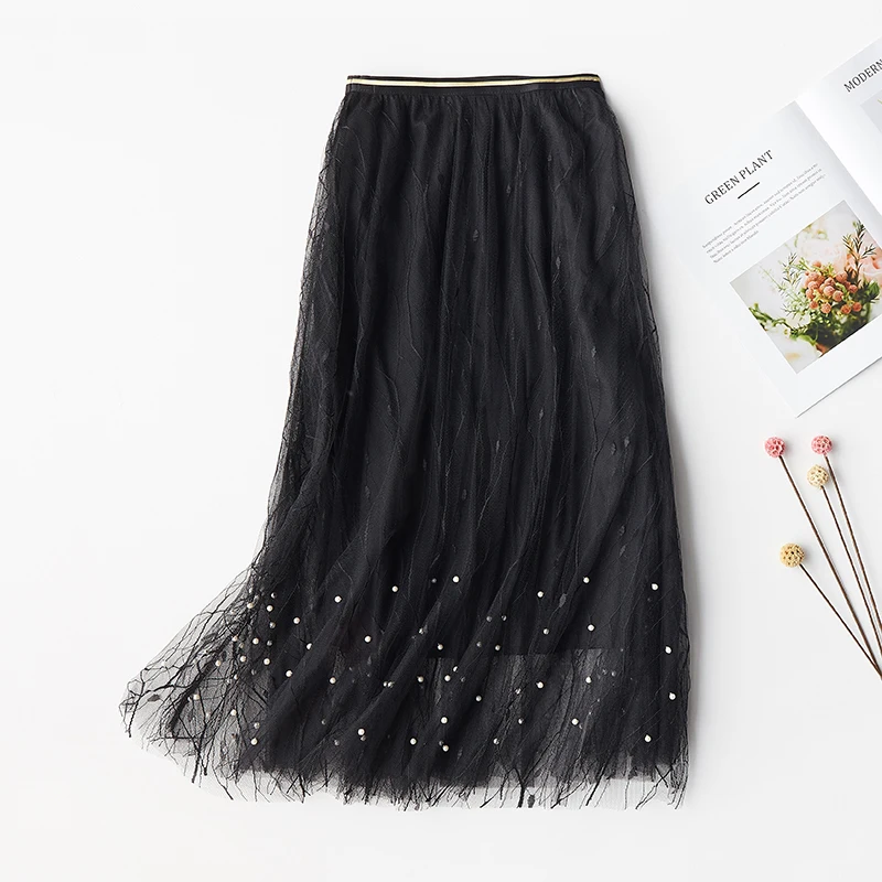 

Spring Summer Tulle Pleated Beading Maxi Skirts Womens 2019 New Elastic High Waist Long Skirt A-line Mesh Party Midi Skirt