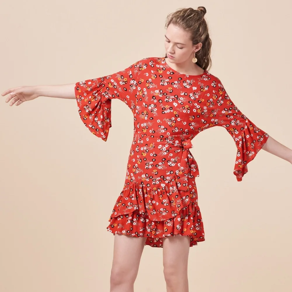 

Spring Summer Printing Floral Red Flare Sleeve Double Ruffles Mini Dress French Style