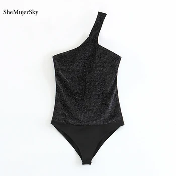 

SheMujerSky One Off Shoulder Bodysuits Sequined Sleeveless Bodysuit Black Jumpsuit tutina estiva donna