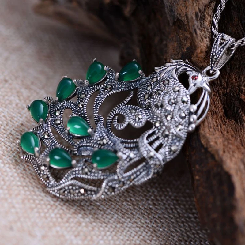 MAYONES Real Pure 925 Sterling Silver Peacock Pendants For Women Inlaid Green Chalcedony Marcasite 3