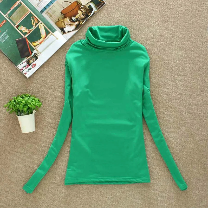 Женское теплое с длинными рукавами рубашка черепаха шеи топы твердые базовые футболки Slim Fit повседневные - Цвет: Green