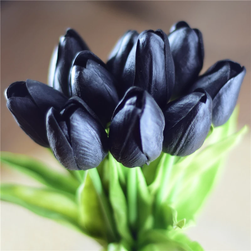 30 шт., черные тюльпаны, искусственные цветы, настоящие на ощупь, искусственная кожа, искусственные цветы для украшения дома, свадьбы, искусственные цветы
