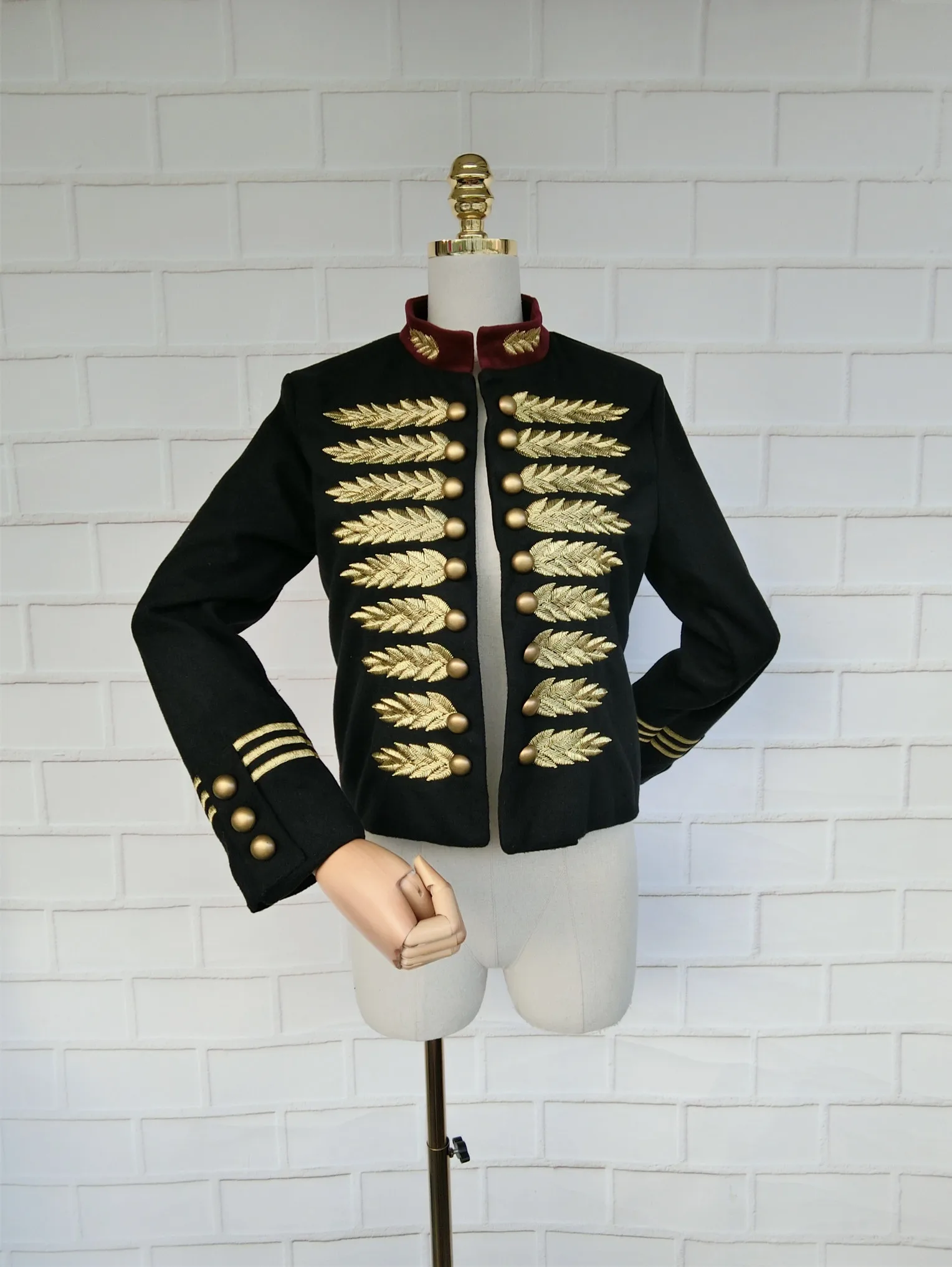 Finest  Womens Coat Gold Embroidery Jacket Stand Collar Military Court Cotton Outwear Black Slim Fit Coats 