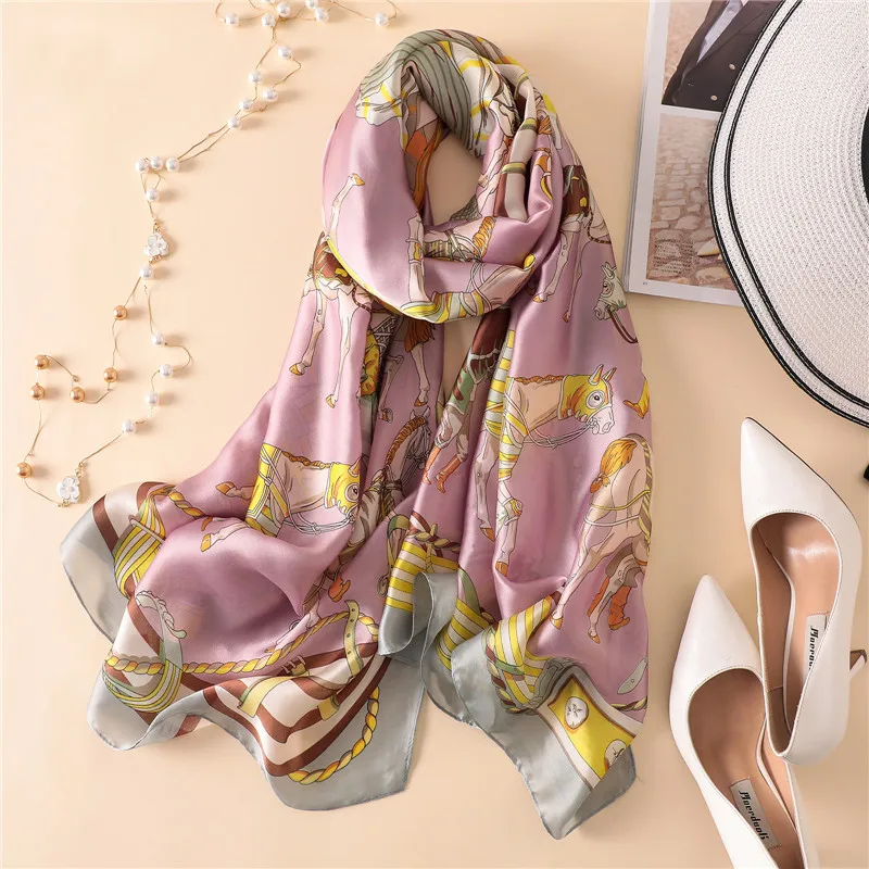 

Luxury Scarf Women Silk Designer 2019 Horse Printed Lady Pashmina Scarfs Beach Shawls and Wraps Foulard Female Scarves
