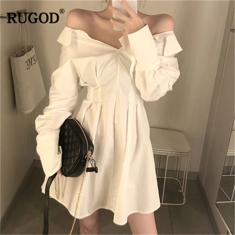 

RUGOD 2019 New Solid Sexy Dress V-neck Turn-down Collar Long Sleeves Tunic A-line Vestidos Two Styles Wearing Office Temperament