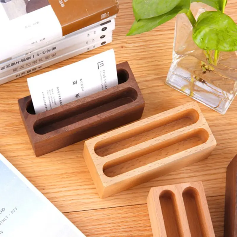 

Black Walnut Beech Wood Cards Stand Office Desk Wooden Business Card Holder Organizer Storage Box