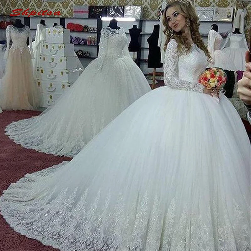 

Long Sleeve Lace Wedding Dresses Ball Gown Tulle Turkey Plus Size Bride Bridal Weding Weeding Dresses Wedding Gowns 2019