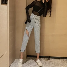 Pengpious летняя с высокой талией Новинка с отверстием модные женские джинсы