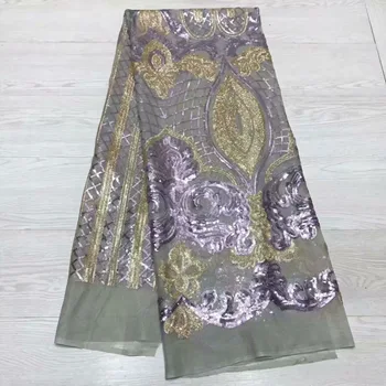 

Free shipping New Arrival High Quality African Organza Lace Fabric 2019 Nigerian French Sequins Lace Fabric Dress Purple Gold