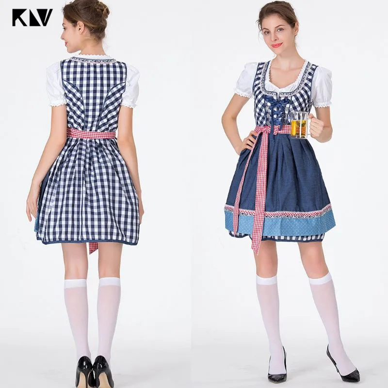

3Pcs/Set Women Barmaid Dirndl Dress Cross Bandage Square Neck Short Sleeve Plaid Bavarian Oktoberfest Costumes Halloween Party