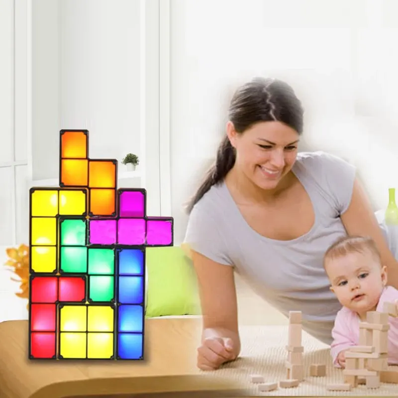 

LED Desk Lamp DIY Tetris Puzzle Light Stackable Constructible Block Night Light Retro Game Tower Baby Colorful Brick Toy