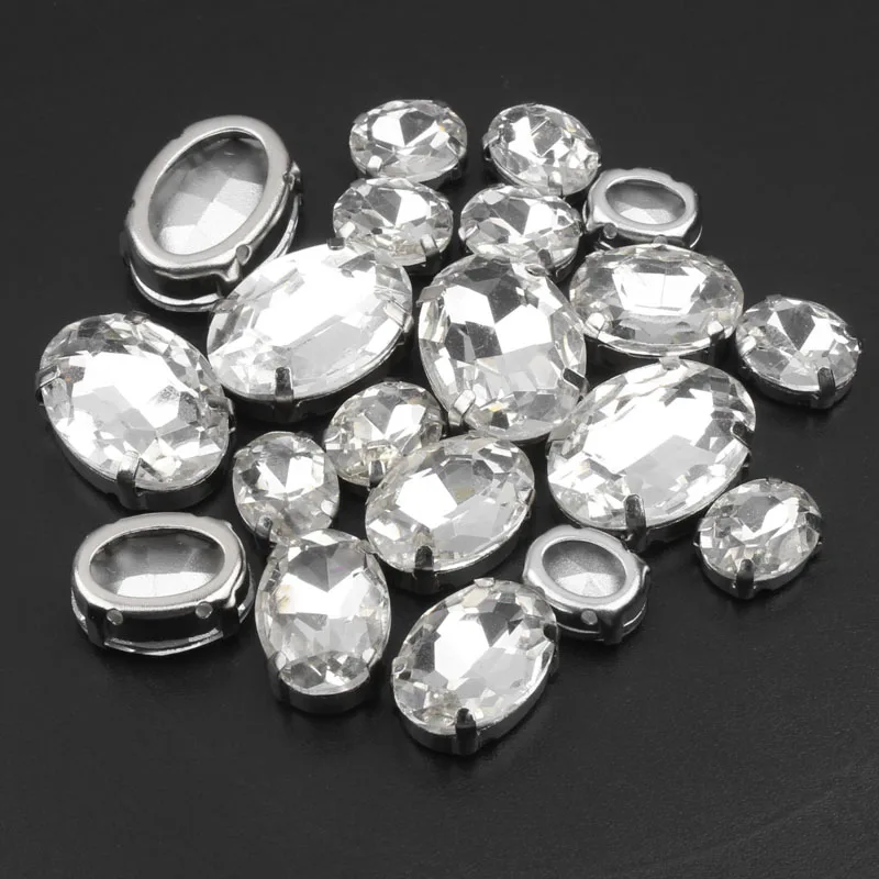 Sew On Silver claw Rhinestone Crystal Clear Rhinestone 3 Size Oval