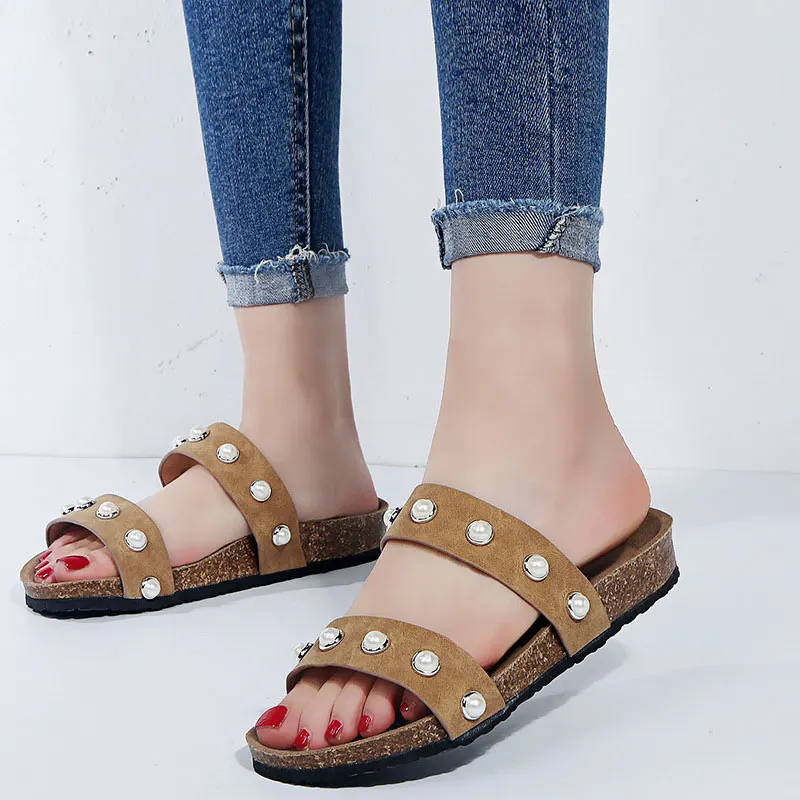 

Large size pearl slippers female flat bottom hollow slides breathable beach sandals women shoes
