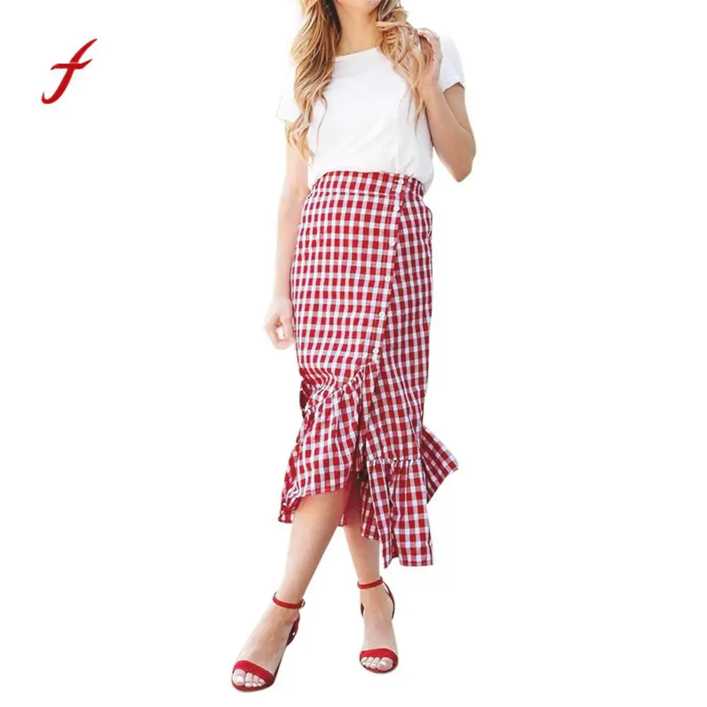 

Women Plaid Casual Ruffled Female Button Party Slit High Waist Mid-Calf Skirt pink slim touch skirt summer new arrival 2019