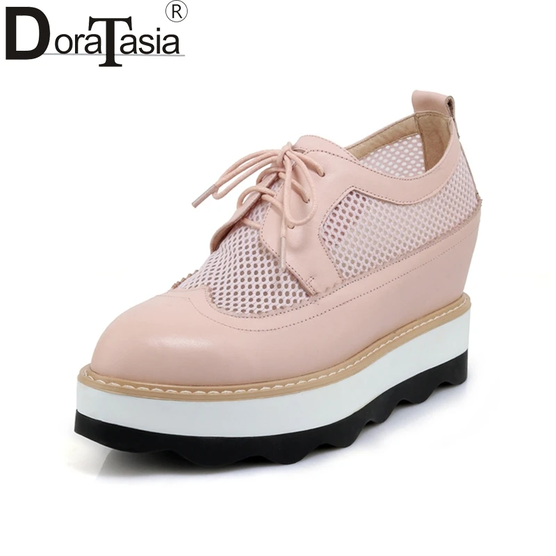 

DoraTasia Brand Design Genuine Leather Solid lace-up Pointed Toe Wedges Shoes Woman Casual Spring Flats Size 34-39
