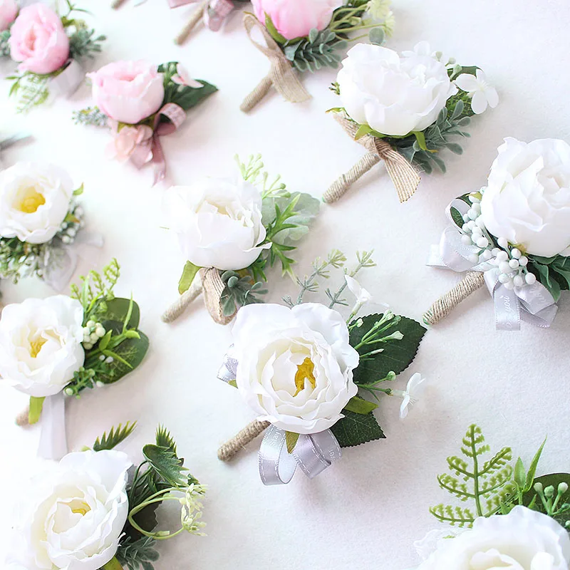 boutonniere prom wedding groom flower marriage corsages white pink roses  (3)