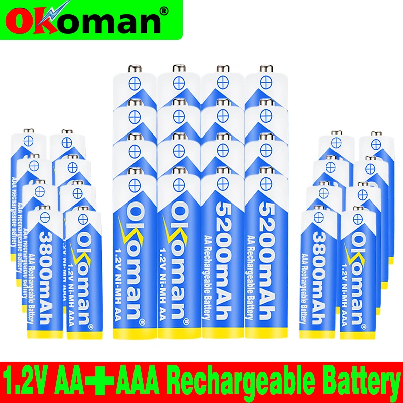 Okoman Высокое качество 5200 мАч NI MH AA Аккумуляторы+ AAA батарея 3800 мАч перезаряжаемая батарея NI-MH 1,2 В AAA батарея