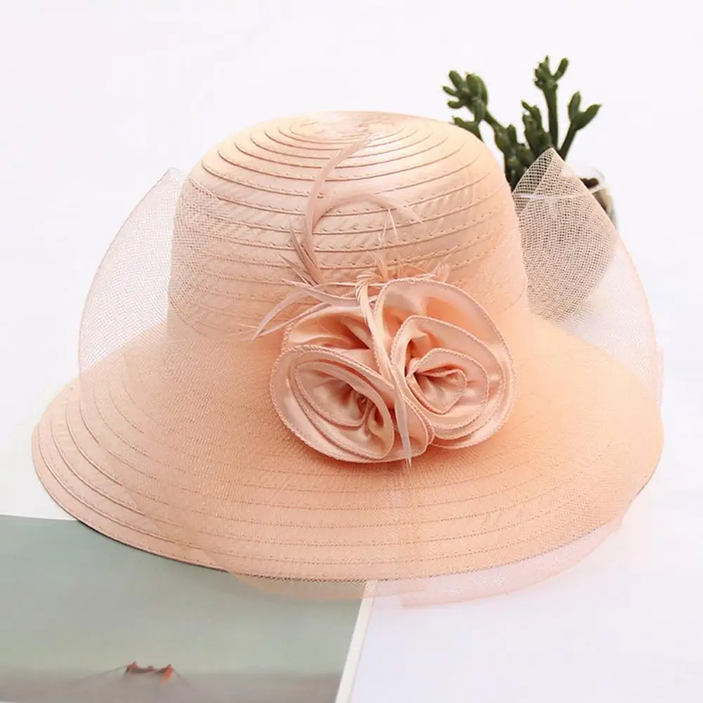 

2019 New Pink Summer Hats For Women Floral Pearl Wedding Fedoras Formal Kentucky Derby Hats Wide Brim Sunhat Beach Church Hat
