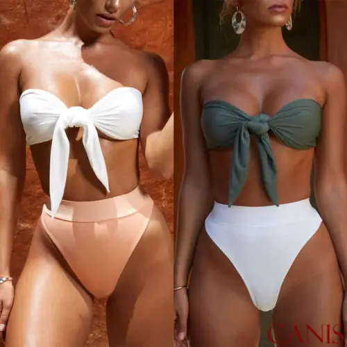 

2Pcs Women's High Waisted Bikini Set Push Up Bra Swimsuit Bandeau Knotted Solid Color Suit Swimwear