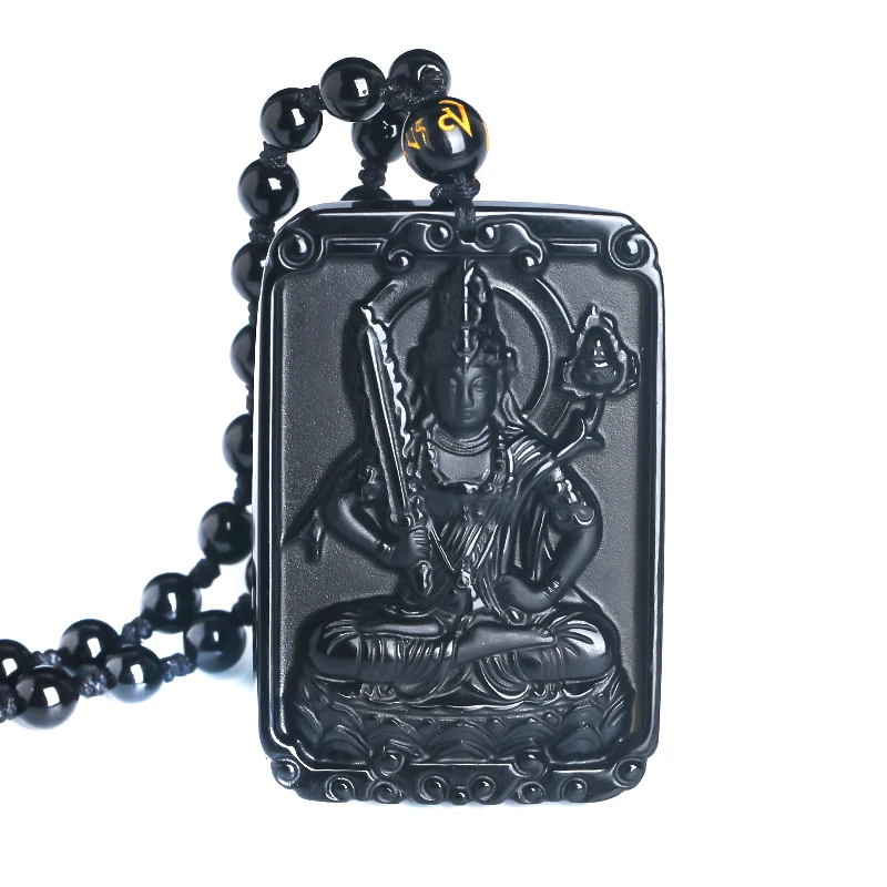 

New Natural Black Obsidian Hand Carved Chinese Eight Buddha Kwan-Yin Amulet Lucky Pendant + Beads Necklace Fine Jewelry