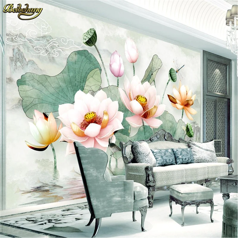 beibehang papel de parede 3d Embossed lotus Photo Mural Wallpaper Hotel Living Room Backdrop Wall Paintings wall-paper roll