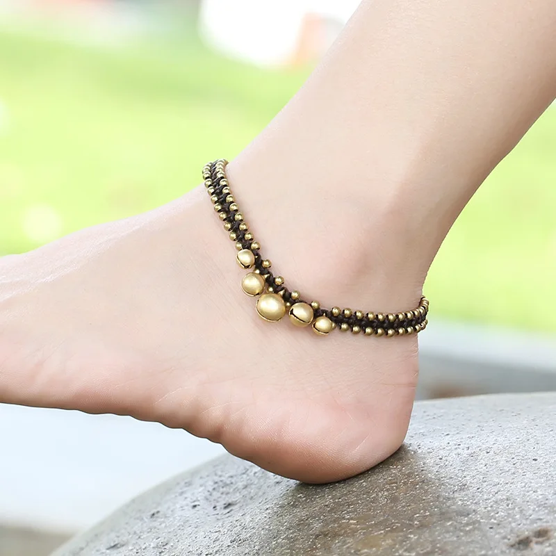 

Bohemia Retro Adjustable Handmade Braided Copper Bead Bell Fashion Women Anklet Simple Beach Feet Jewelry for Ladies Gift