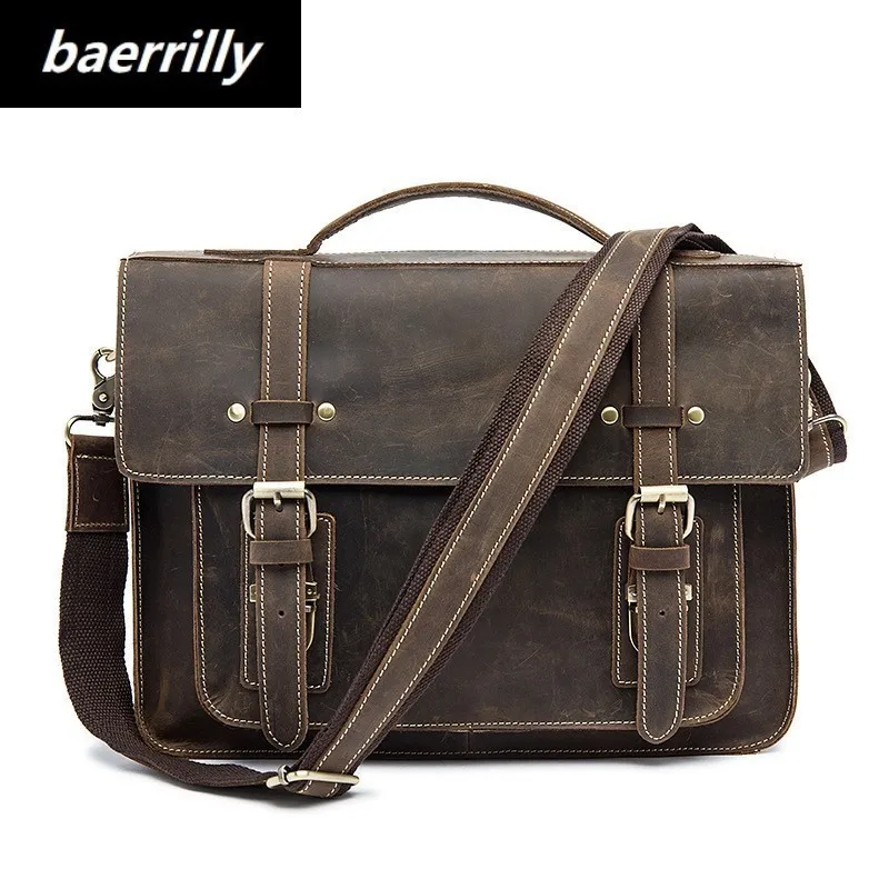 

Crazy Horse business Briefcases Genuine Leather Men Bag soft handle zipper solid vintage Laptop Bag for Men mens bags Briefcase