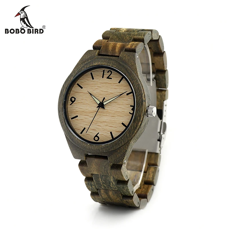 BOBO BIRD V-I18 Men's Green Sandal Wood Wristwatch Luminous Hand Quartz Watch with Sandalwood Strap horloges mannen