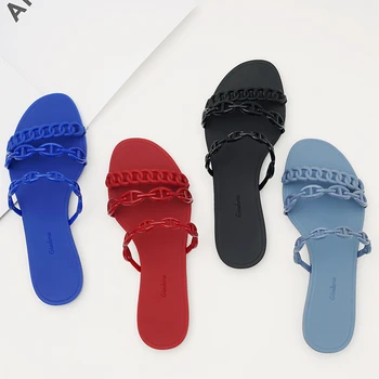 

PVC colorful Pig nose chain beach flat H sandals women summer Non-slip Rubber jelly shoes womens slippers indoor home slippers