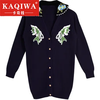 

2018 Women Embroidery Fish and Flowers Sequined Tiger Head Thick Beading Loose Long Sweater Dark Blue High Quality Cardigans