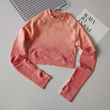 Новые осенние Ombre Йога рубашки приталенная с длинным рукавом спортивная футболка с отверстиями для большого пальца бесшовные Фитнес укороченный топ быстросохнущая топы Спортивные
