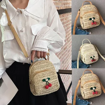 

2019 Fashion Women’s Solid Color Cherry Straw Bag Messenger Bag Handbagmochila feminina рюкзак школьный $40