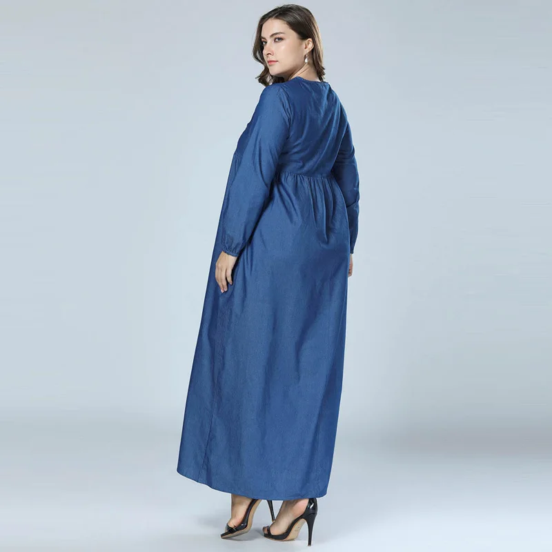 2018 New Autumn Embroidery Denim Fabric Abaya Muslim Jean Dress Moroccan dubai Kaftan islamic clothing Plus Size Blue Vestidos
