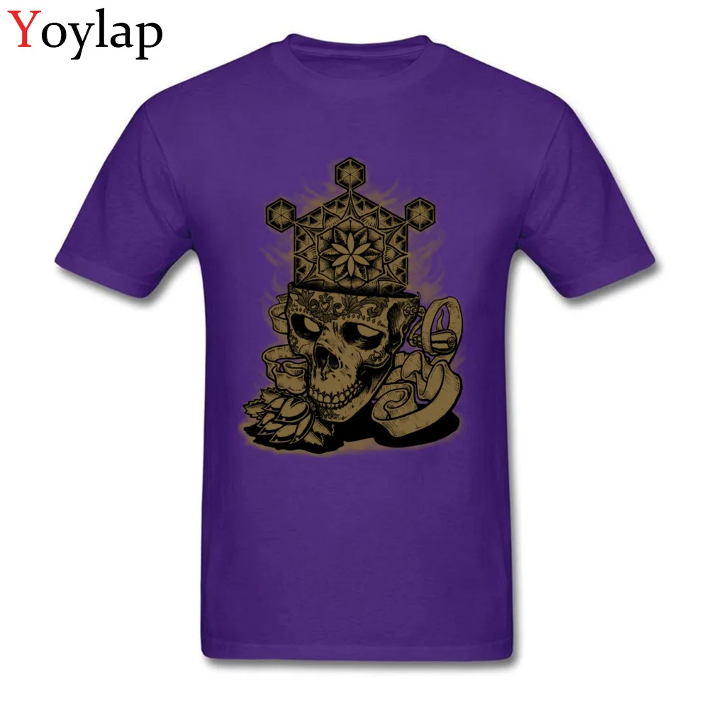 Round Neck All Cotton T Shirts for Men Family Summer Fall Tops Tees Short Sleeve Brand Flower of Life Skull Golden Printing Tee Shirt purple