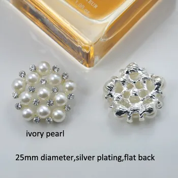 

(M0494) 25mm diameter elegant rhinestone embellishment (pearl + crystals), ivory or pure white pearl, ,flat back