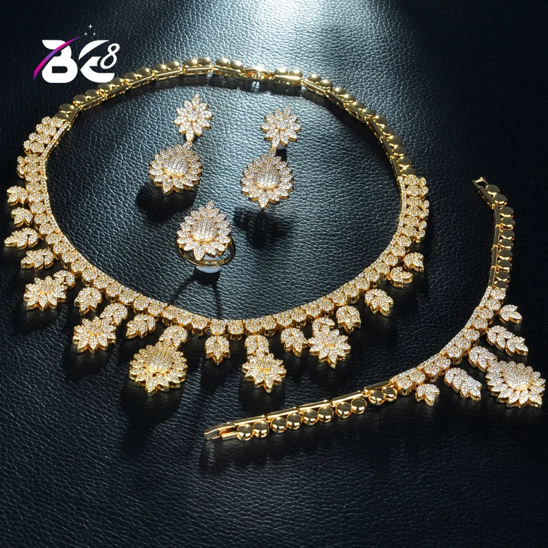 

Be 8 Luxury Gold Color Nigerian Wedding Flower Shape Cubic Zirconia Necklace Dubai 4PCS Dress Jewelry Set for Party Gifts S238