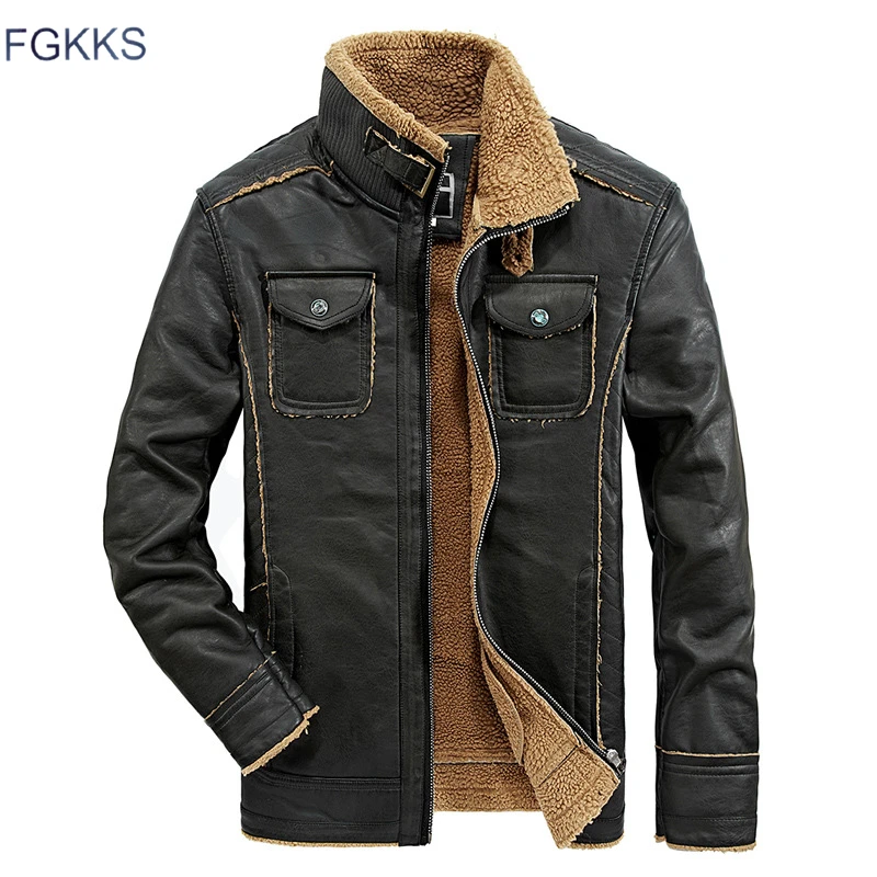 FGKKS брендовые мужские кожаные куртки зимние мужские мотоциклетные кожаные куртки пальто мужские теплые куртки из искусственной кожи одежда